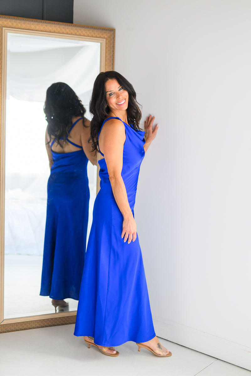 twist back bridesmaid dress Royal Blue Twist Back Satin Dress