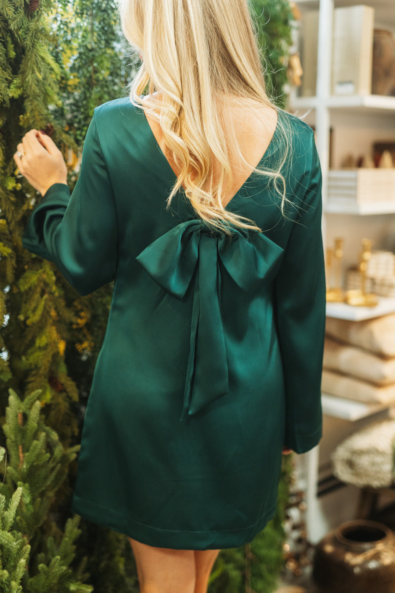 green emerald velvet dress Bow Back Beauty Dress