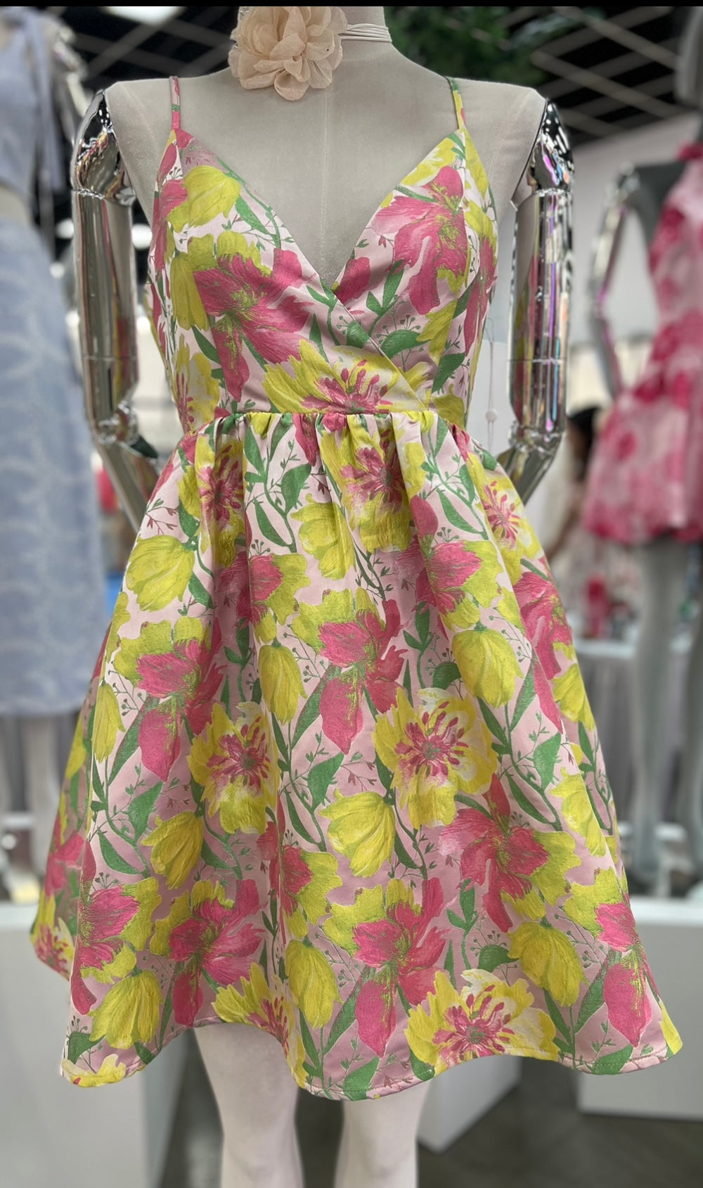 pink and yellow mini dress Ella Yellow & Pink Jacquard Mini Dress