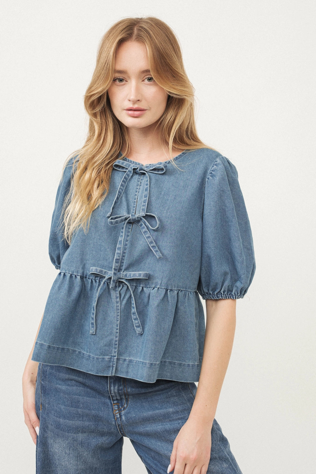 Denim Bow Tie Peplum Top – Blush
