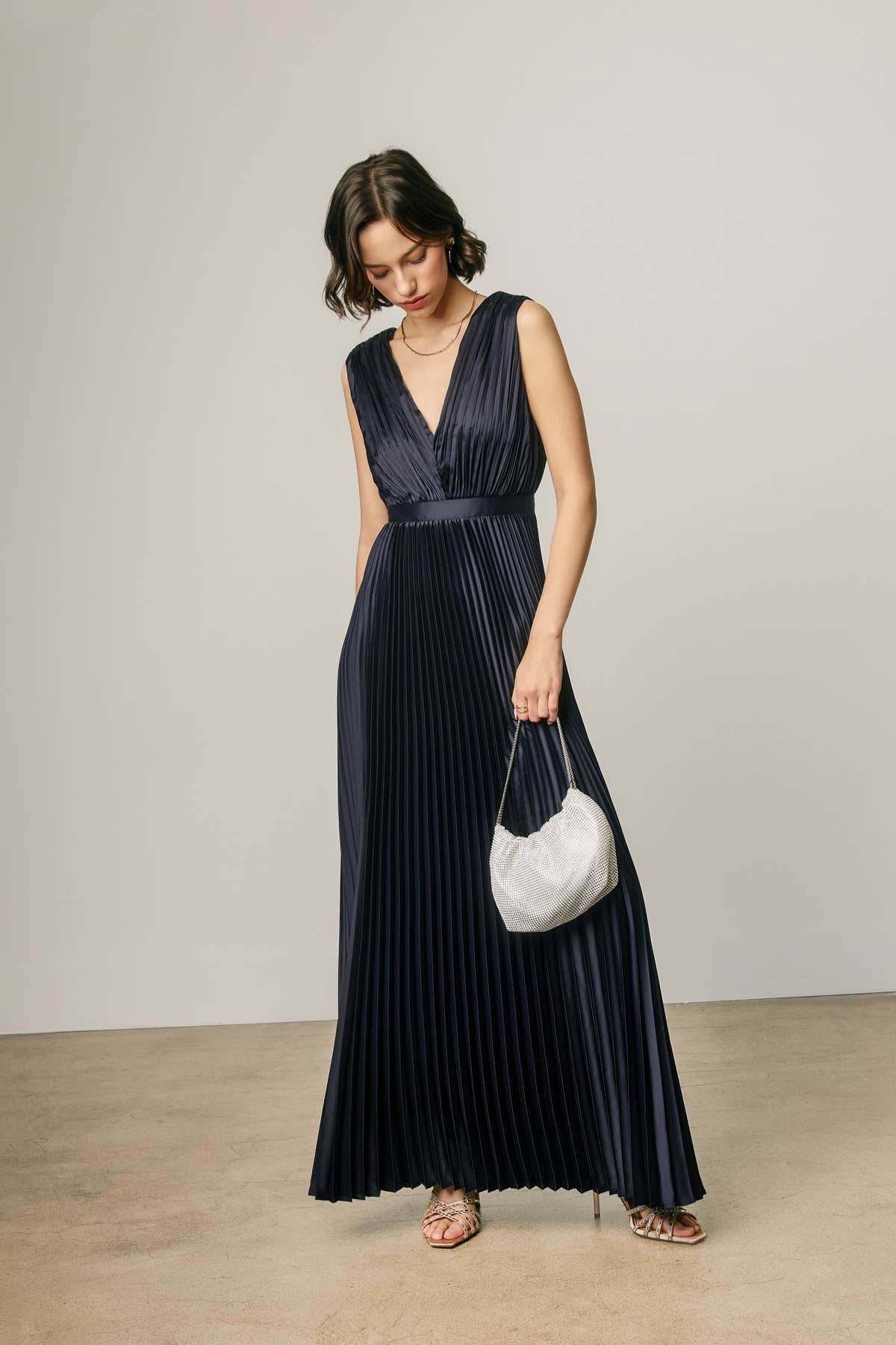 Pleats & Promises Satin V Neck Maxi Dress
