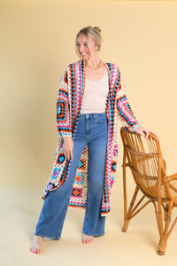 Boho Babe Long Sleeve V Colorful Crochet Cardigan