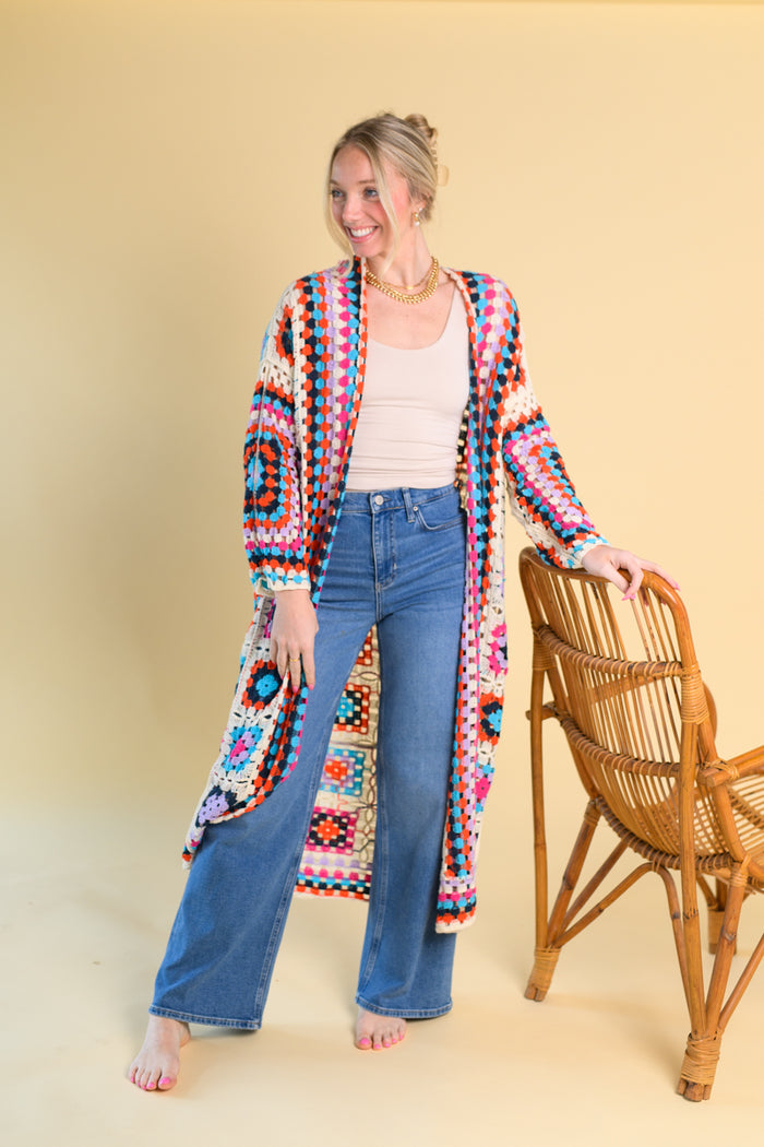 Boho Babe Long Sleeve V Colorful Crochet Cardigan