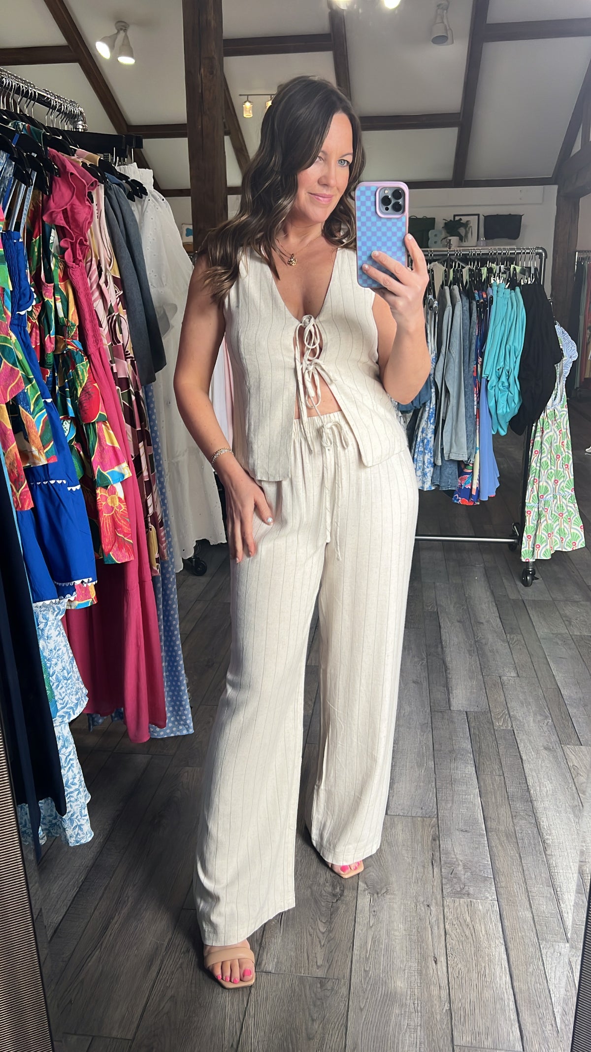 Oatmeal Pinstripe Linen Pant Set