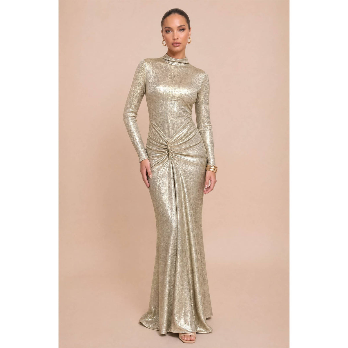 METALLIC LONG SLEEVE JERSEY GOWN