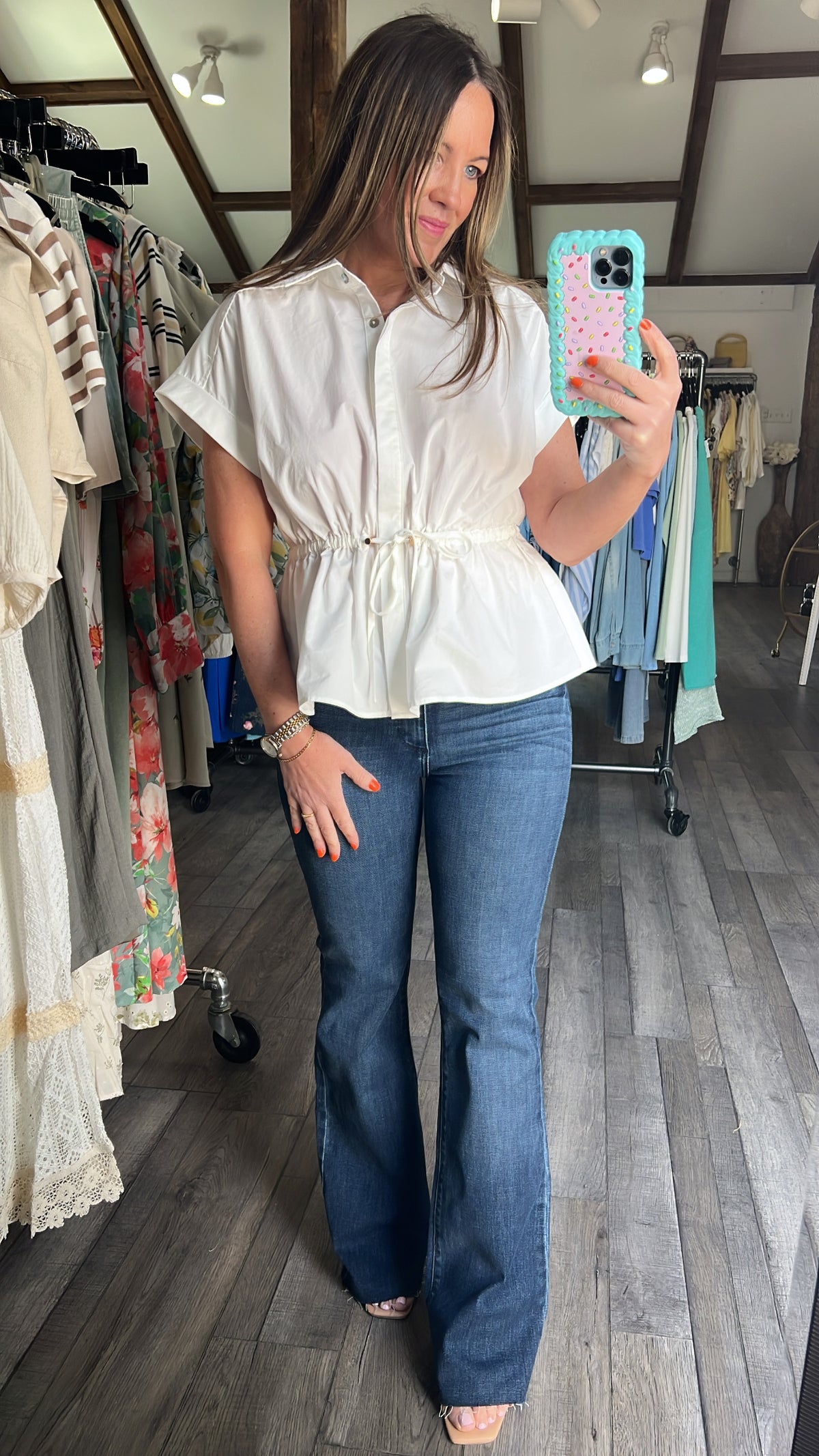 Just Cinching Around White Button Down