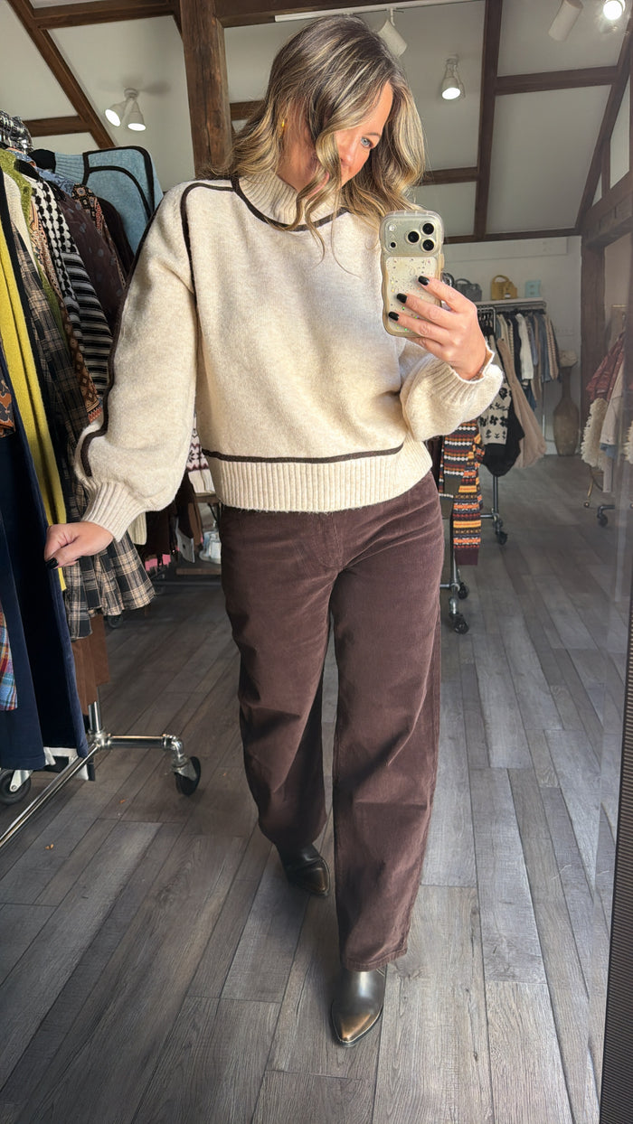 Oatmeal Sweater With Brown Trim