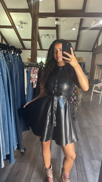 Black Night Faux Leather Button Dress With Eyelet Cutout Sleeve