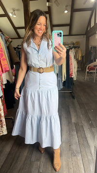 Chantel Collared Soft Blue Sleeveless Dress with Belt