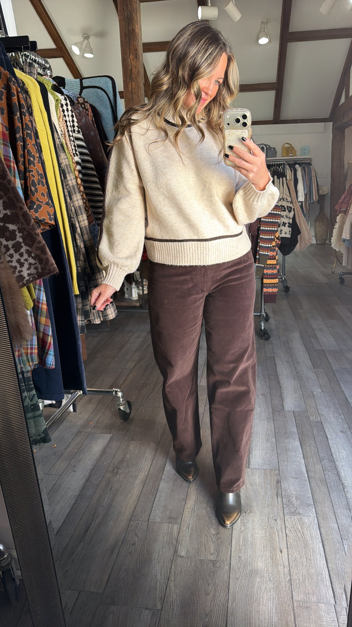 Oatmeal Sweater With Brown Trim