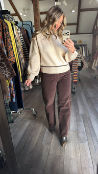 Oatmeal Sweater With Brown Trim
