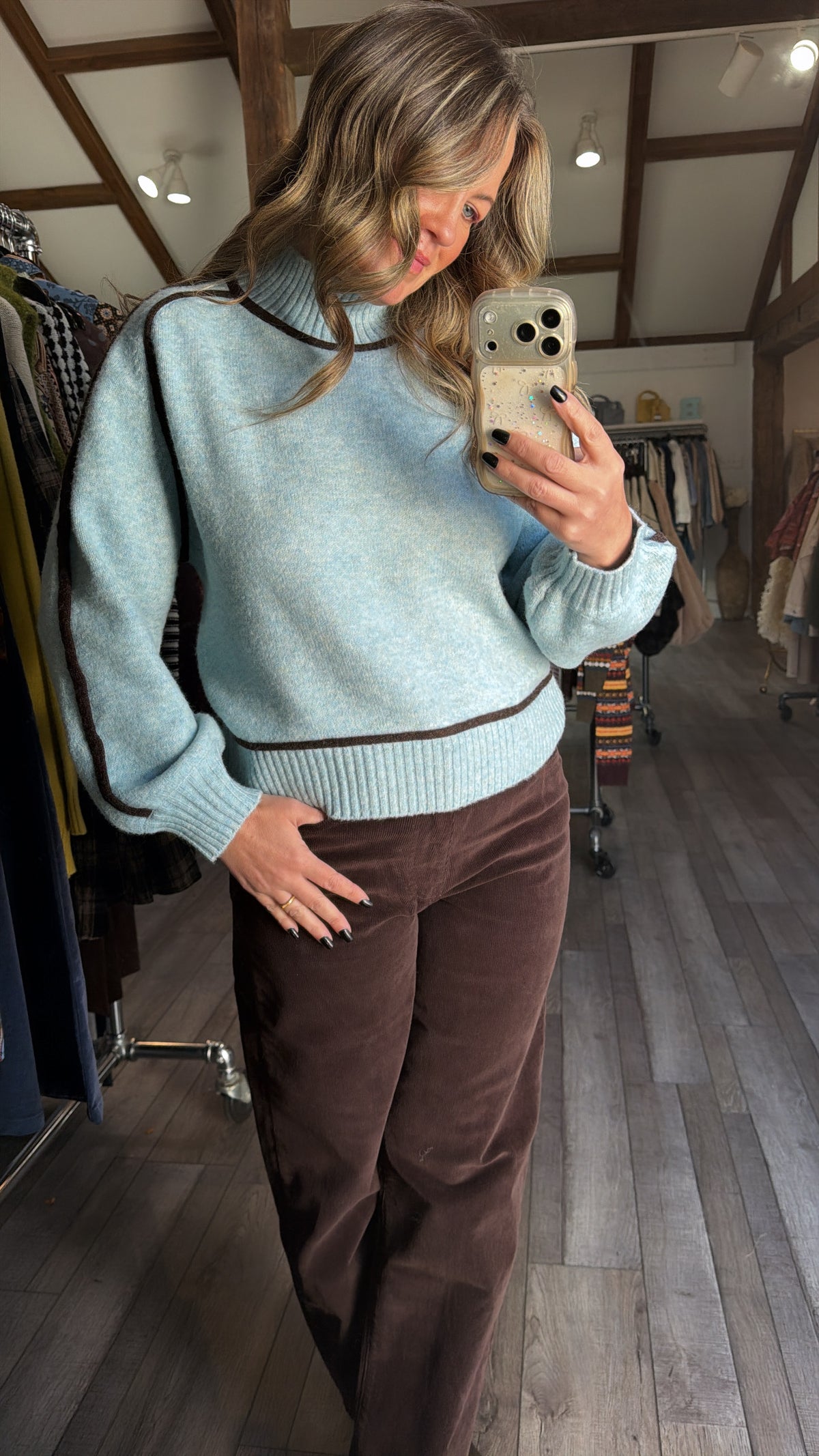 Baby Blue Sweater With Brown Trim