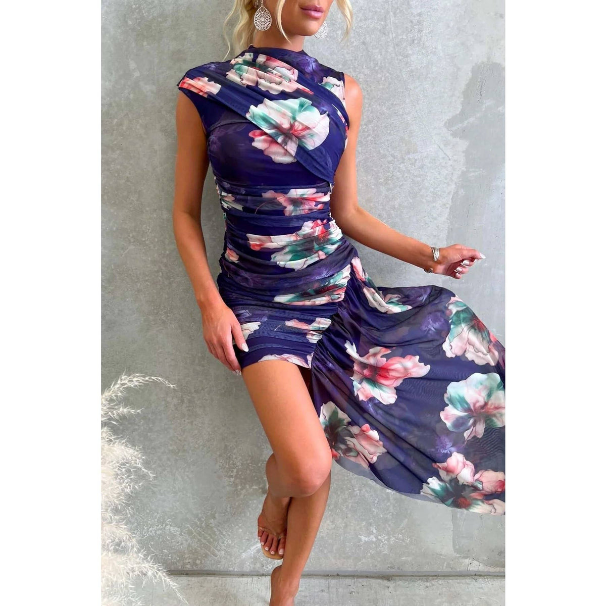Aniya Asymmetric Floral Ruched Dress