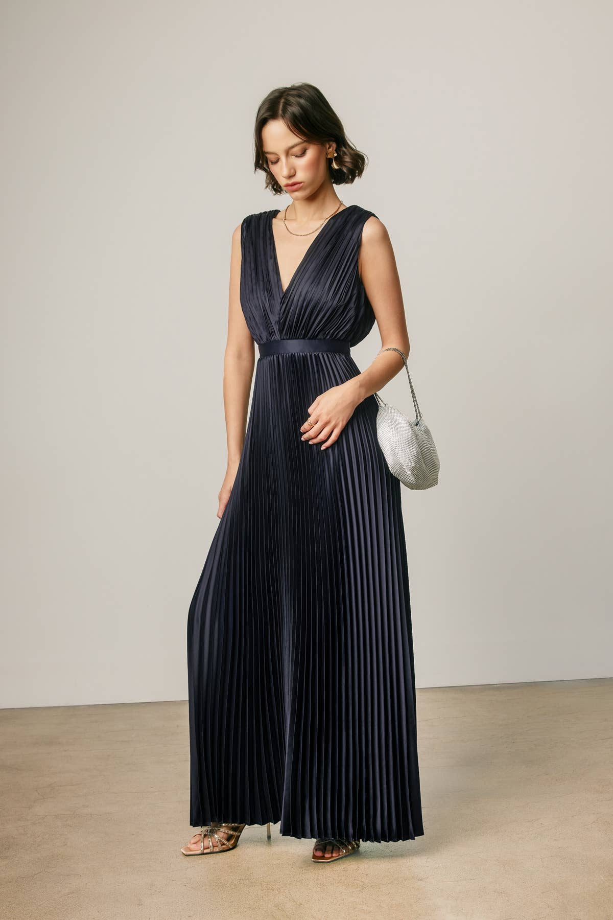 Pleats & Promises Satin V Neck Maxi Dress
