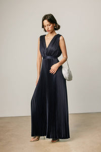 Pleats & Promises Satin V Neck Maxi Dress