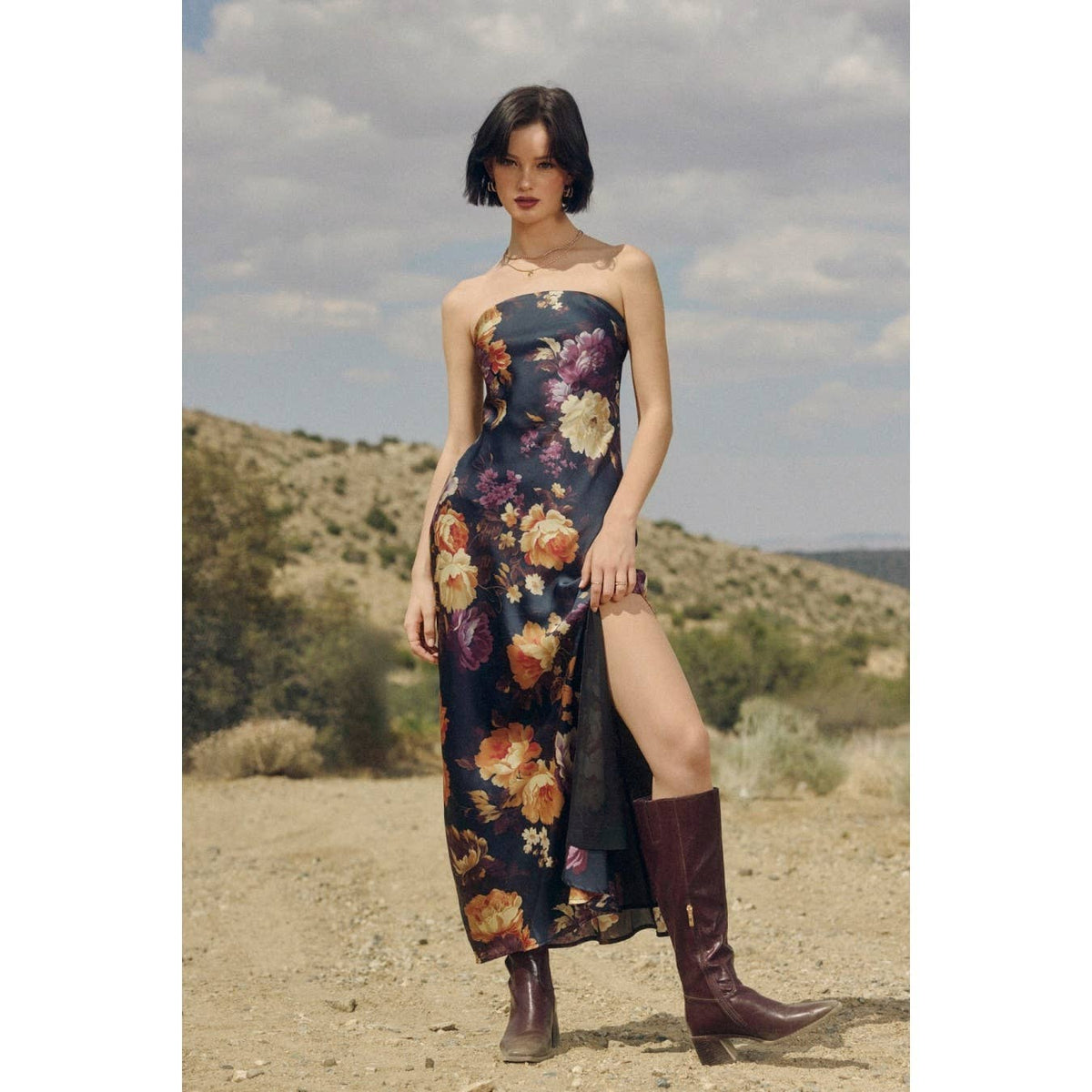 Nightfall Floral Strapless Bias Cut Maxi Dress