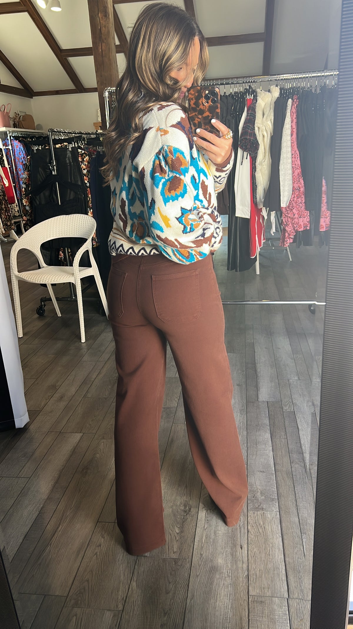 Dark Brown Mini Patch Pocket Wide Leg Jeans