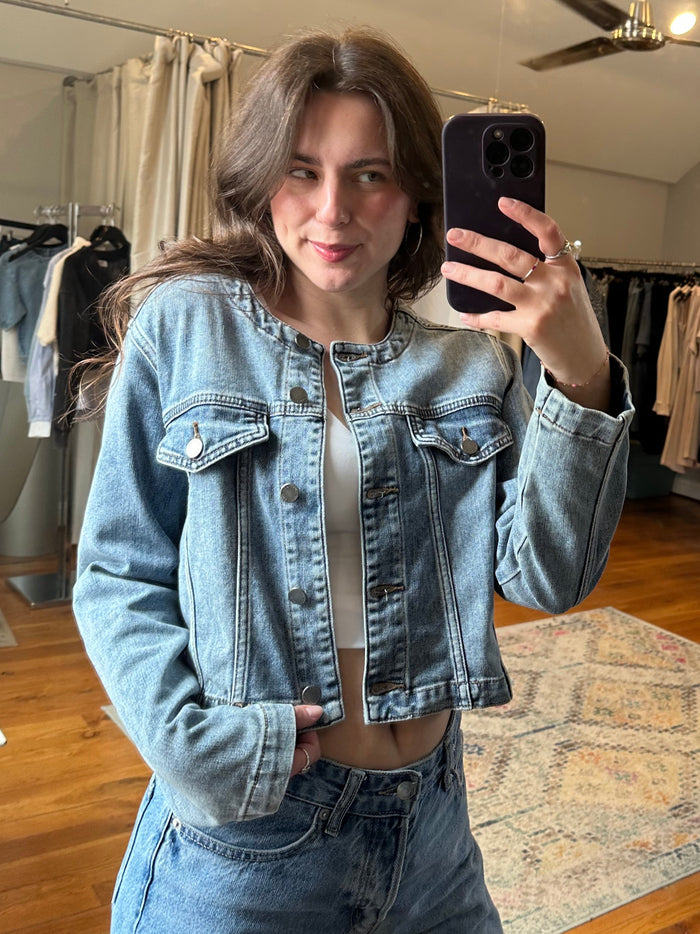 Just Black Collarless Denim Jacket
