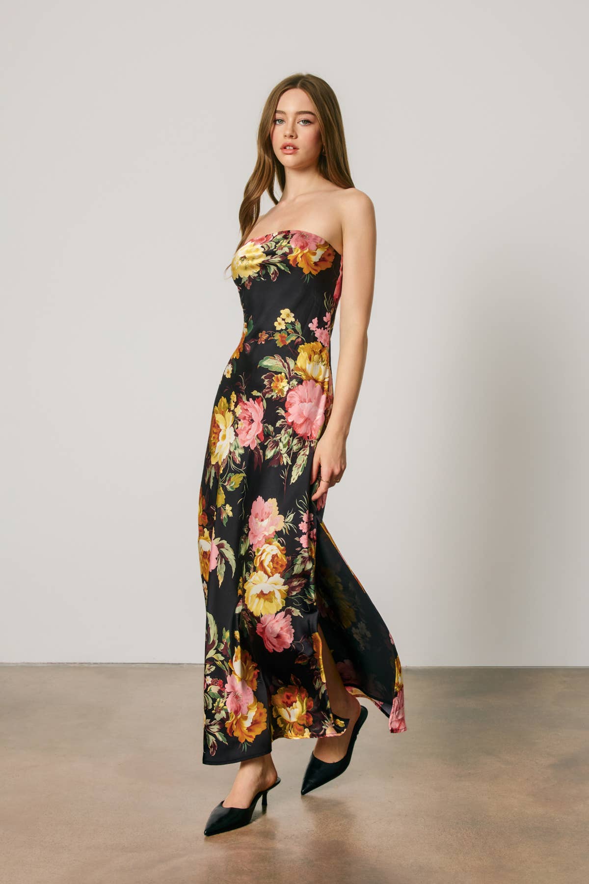 Nightfall Floral Strapless Bias Cut Maxi Dress