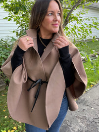Funnel Neck Cape With Faux Leather Belt