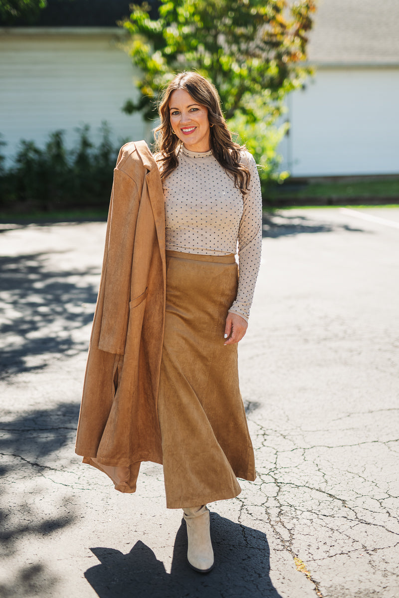 Fluted Gore Hem Suede Skirt