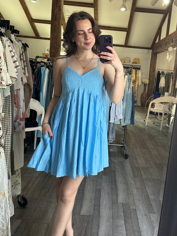 Blue Woven Bodice Flow Dress