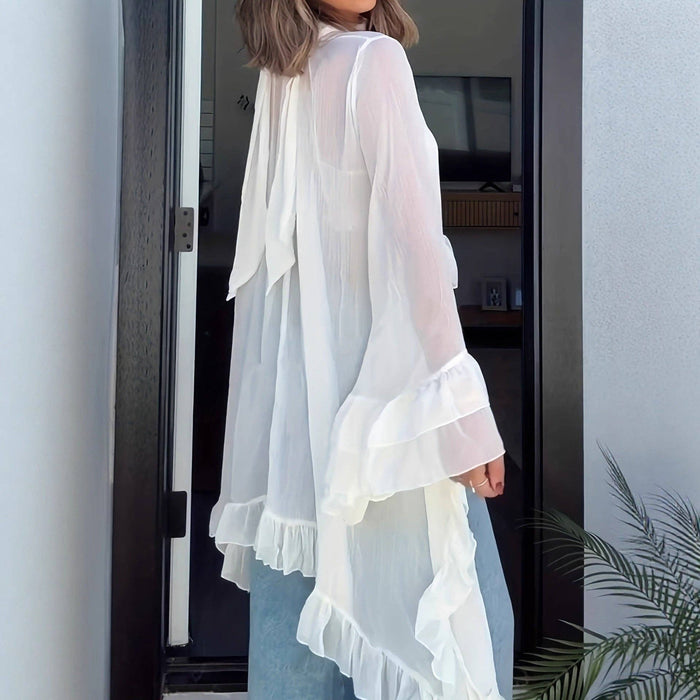 White Sheer Cape Flutter Blouse