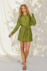 Olive Micro Pleat Tie Waist Mini Dress