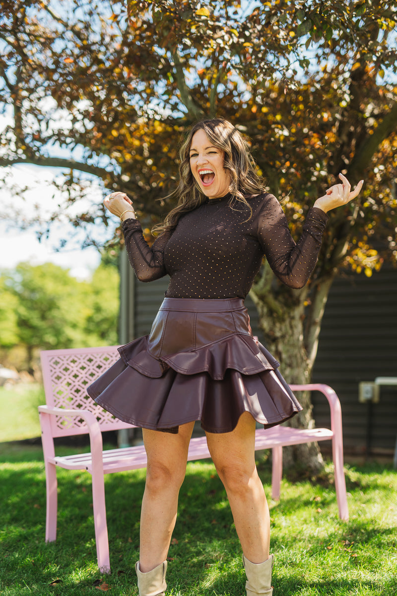 Burgundy Flared Hem Faux Leather Mini Skirt