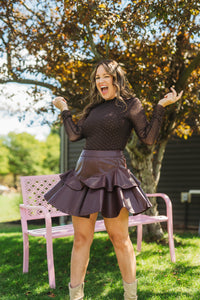 Burgundy Flared Hem Faux Leather Mini Skirt