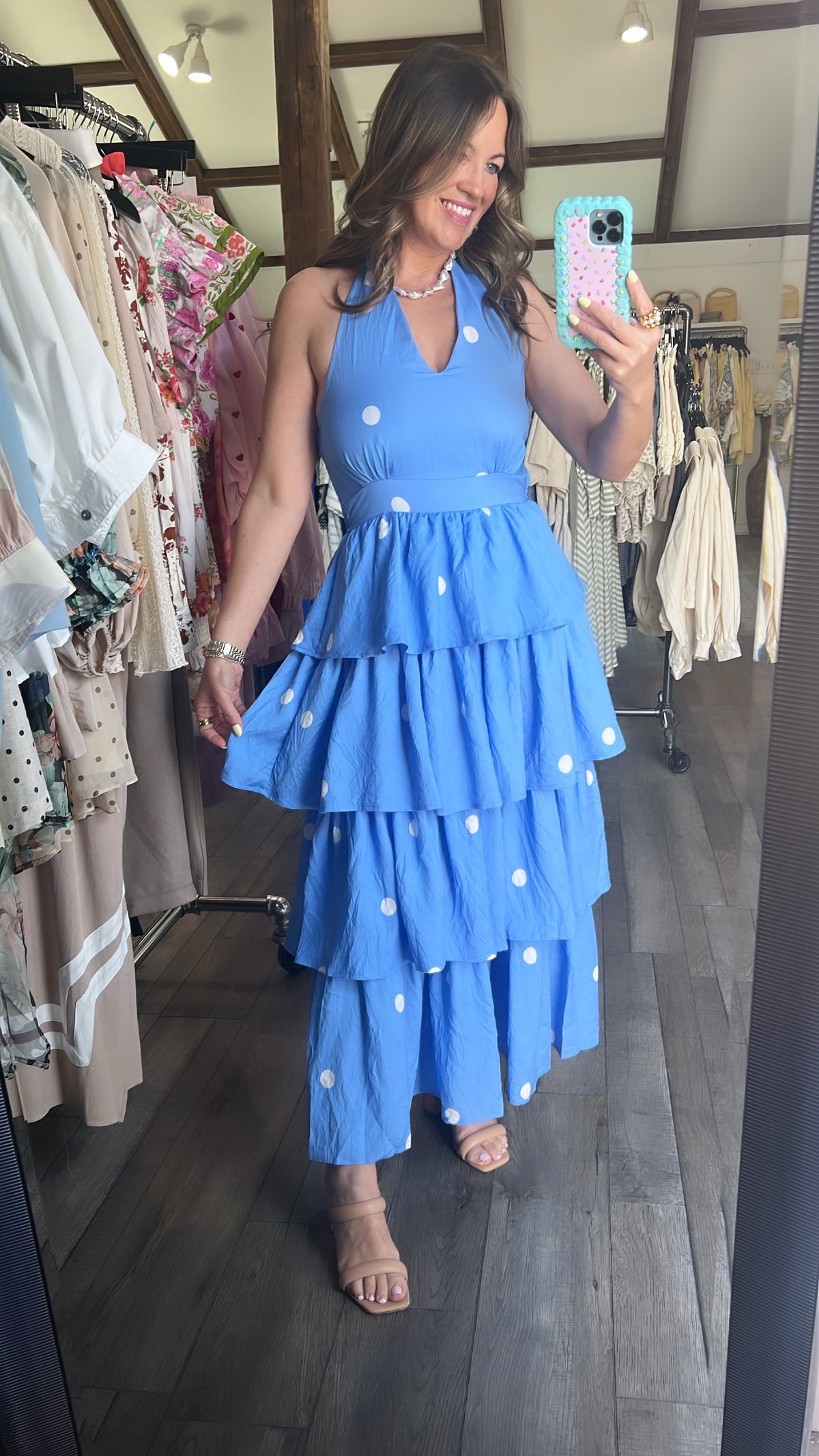Sky Polka Dot Halter Tier Dress
