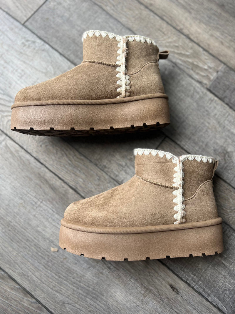 Oatmeal Faux Suede Bootie with Stitching