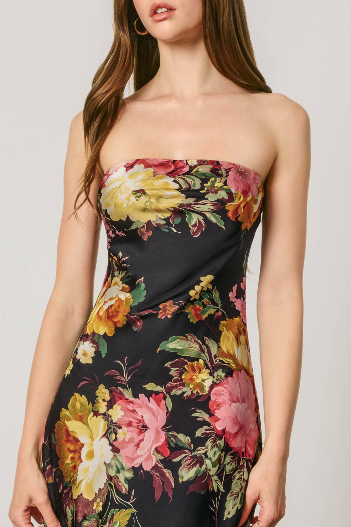 Nightfall Floral Strapless Bias Cut Maxi Dress