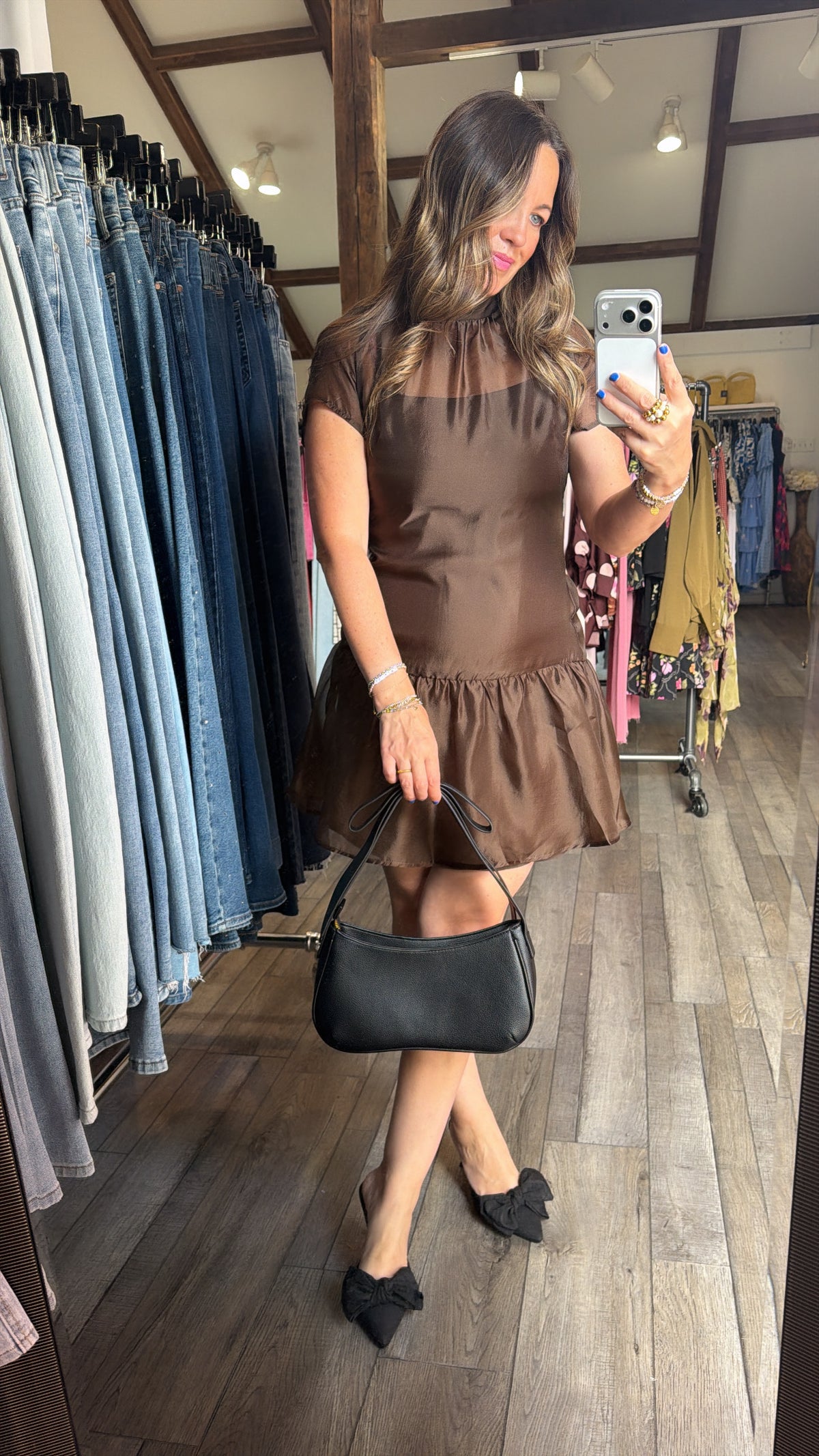 Mocha Magic Mock Neck Organza Mini Dress