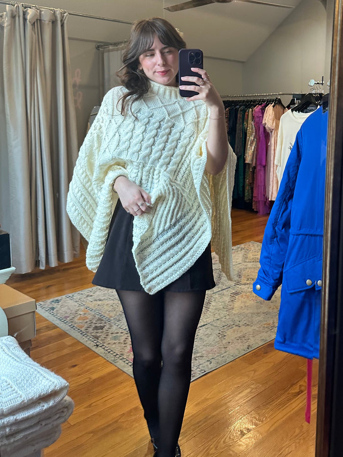 Ivory Cloud Cable Knit Mock Neck Poncho