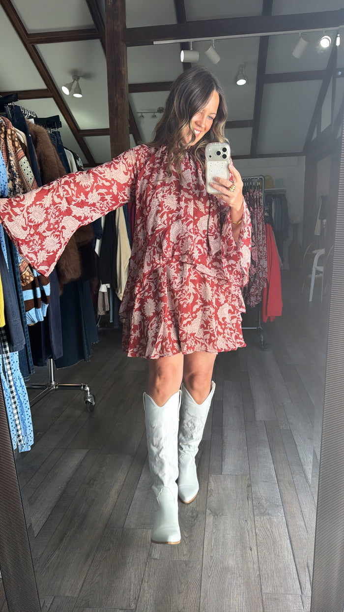 Faye Floral Print with Tie Back Detail Ruffled Panel Flowy Dress