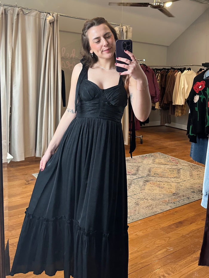 Sweetheart Serenade Ruffle Hem Tie Strap Midi Dress Black
