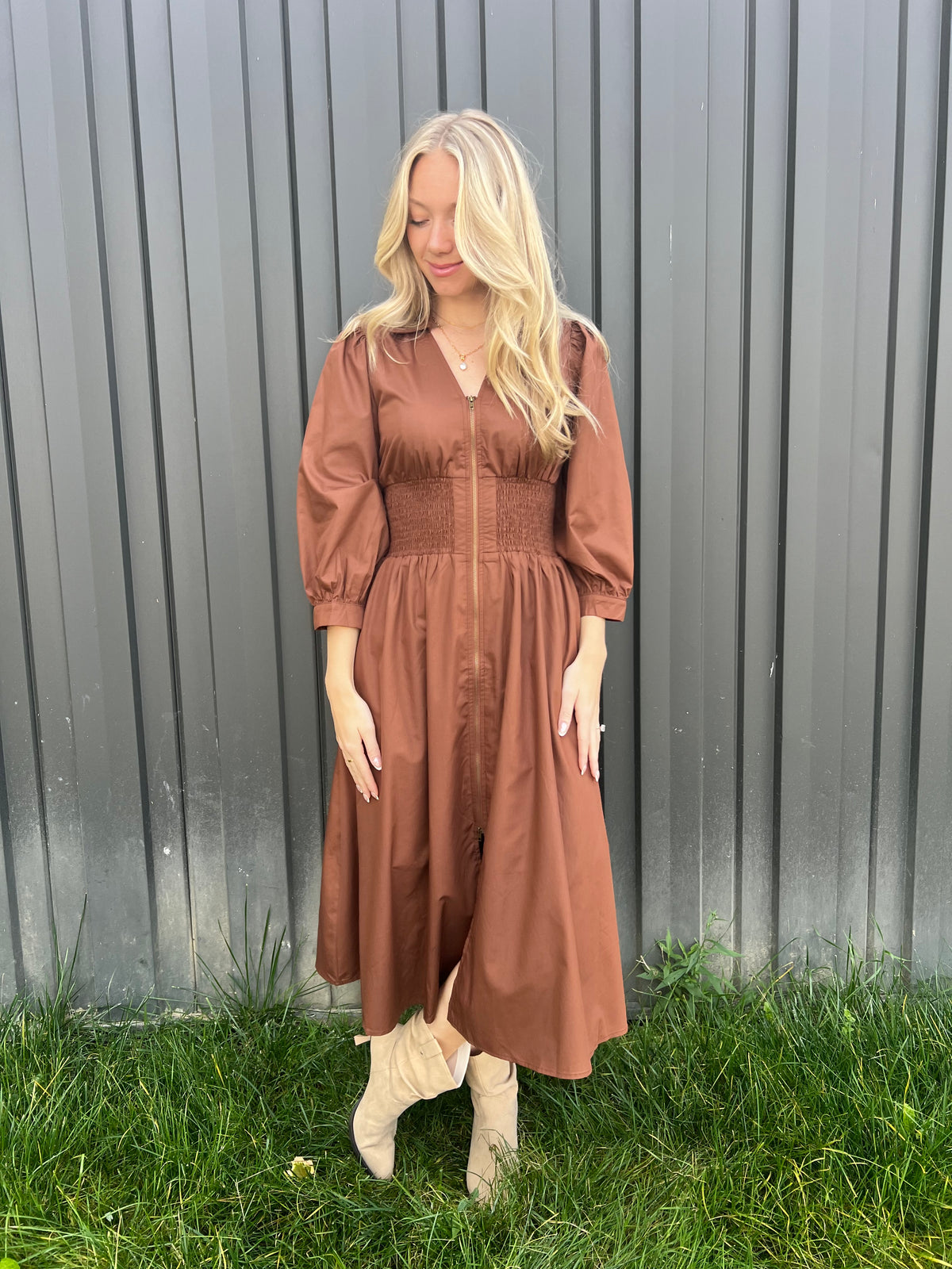 Brownie Zipper Cinch Waist L/S Dress Brownie Zipper Cinch Waist L/S Dress