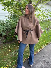 Funnel Neck Cape With Faux Leather Belt