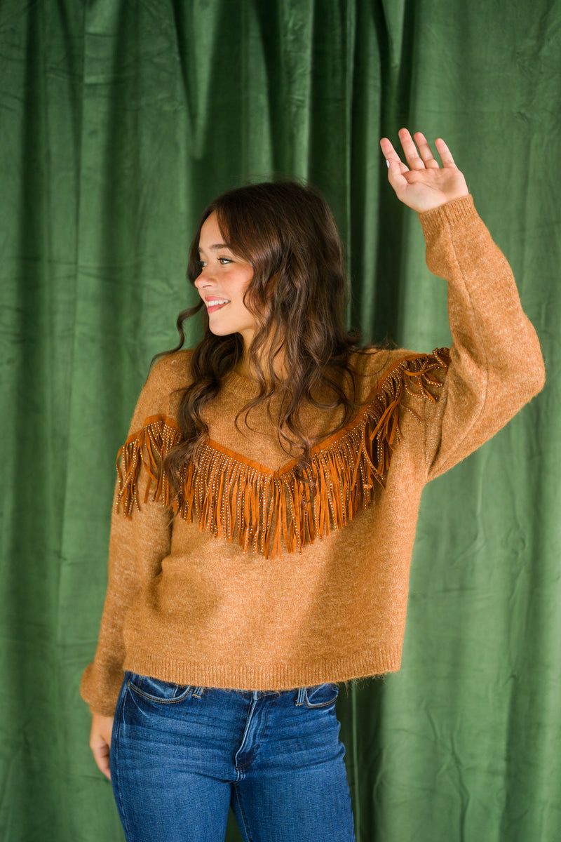 Camel Sparkle Fringe Sweater