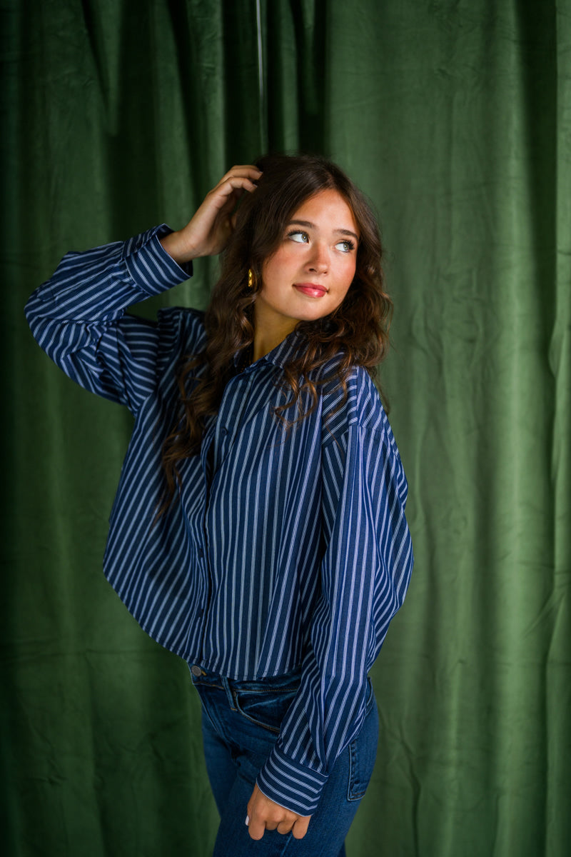 Blue Striped Crop Button Shirt