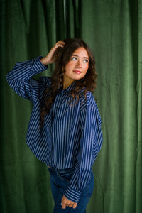 Blue Striped Crop Button Shirt