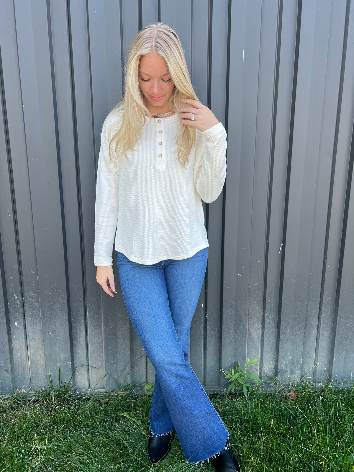 Cream Waffle Knit Henley Top