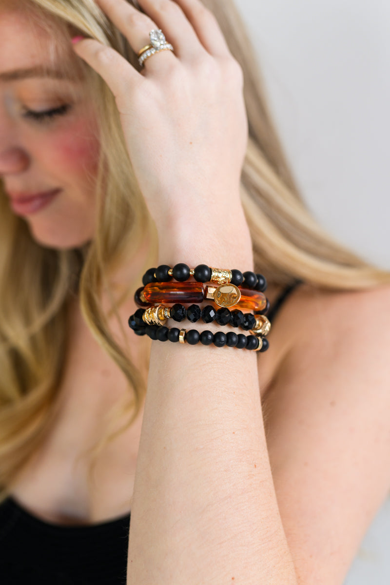 4 Row Wood & Metal Charm Bracelet Black