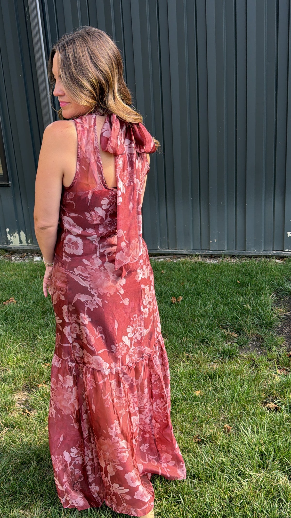 Autumn Rose Organza Mock Neck Maxi Dress