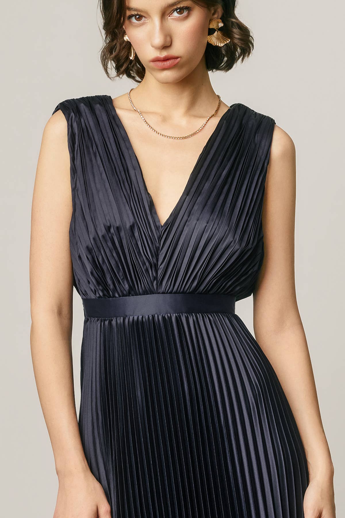 Pleats & Promises Satin V Neck Maxi Dress