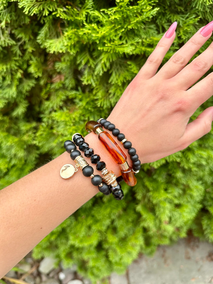 4 Row Wood & Metal Charm Bracelet Black