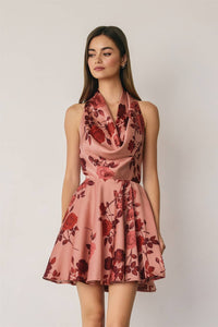 Falon Floral Satin Draped Halter Mini Dress