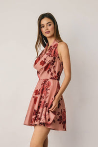 Falon Floral Satin Draped Halter Mini Dress