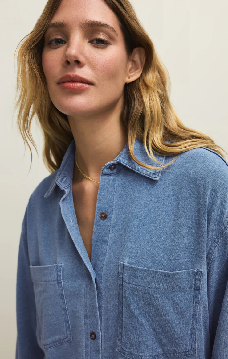 Reese Jersey Denim Button Up Santorini Indigo